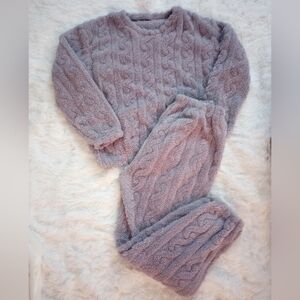 Plush Cable Design Fleece Pajamas Sweatshirt & Pants Set in Purple Ladies Size L